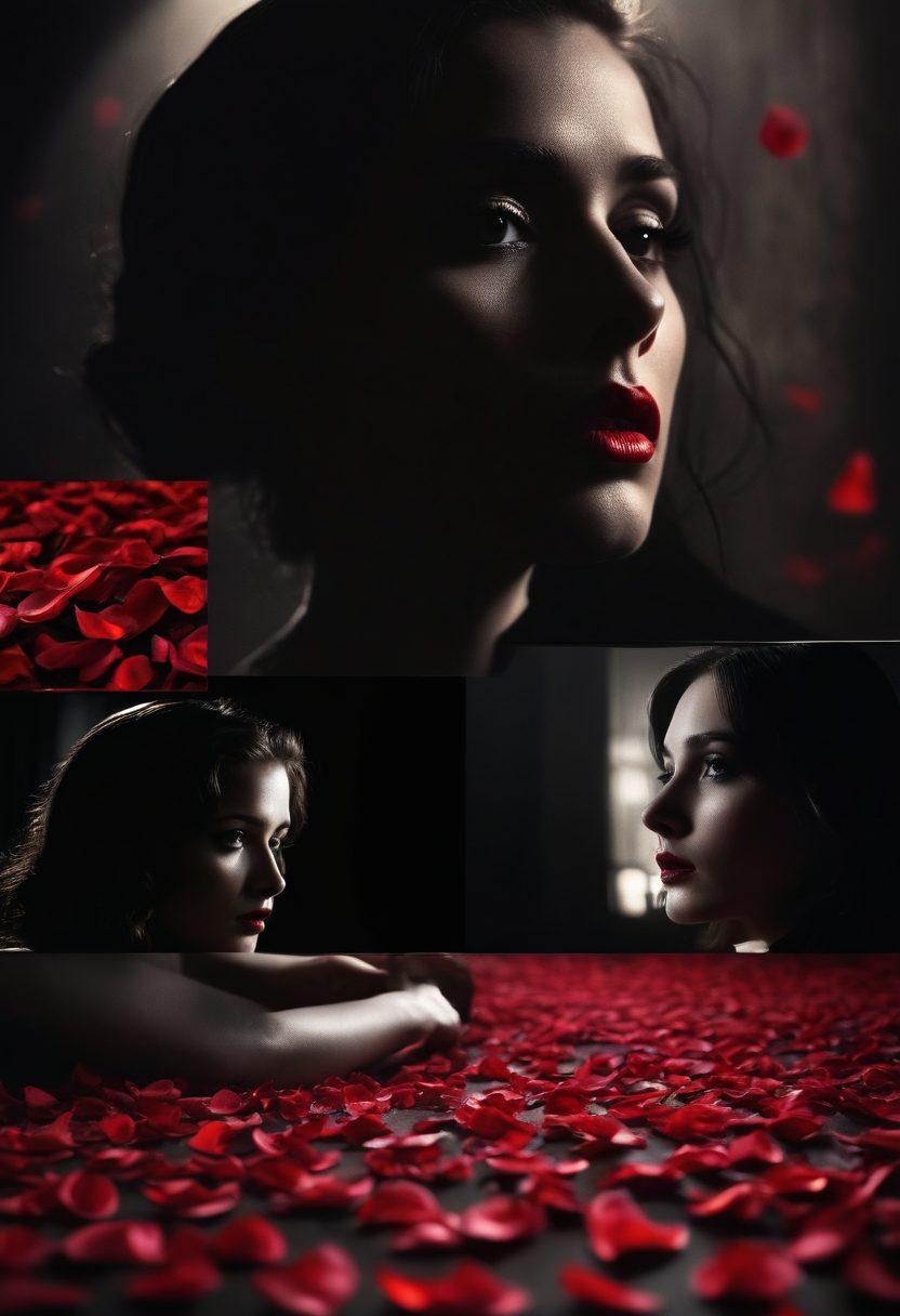 A captivating collage of iconic scenes from taboo films, featuring shadowy figures in intimate poses, a film reel unraveling, and striking visuals of forbidden motifs like rose petals and dark silhouettes. The background fades into a misty noir atmosphere to evoke intrigue, with hints of red and gold accents. Cinematic lighting adds drama to the composition. super-realistic. vibrant colors. dark background.