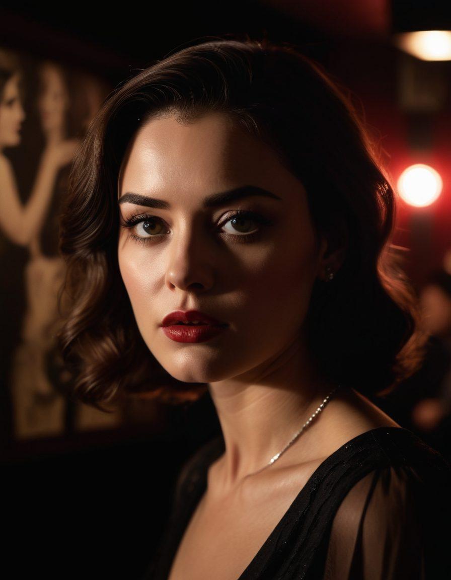 A provocative film scene featuring a sultry actress in a dimly lit cinema, surrounded by shadowy figures representing societal norms and controversies. The atmosphere is charged with tension, highlighting the clash between sensuality and taboo themes in modern movies. Focus on intricate facial expressions, close-up details of the actress, and dramatic lighting that casts intriguing shadows. Include elements like a vintage film projector casting flickering images on the wall. super-realistic. dramatic lighting. dark colors.